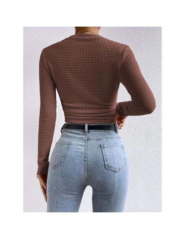 Wholesale Undershirt Slim Fit Vintage T-shirt Plaid Round T-shirts Women Pleated Top ZY1052