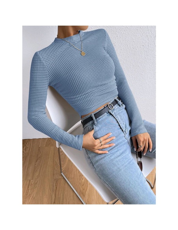 Wholesale Undershirt Slim Fit Vintage T-shirt Plaid Round T-shirts Women Pleated Top ZY1052