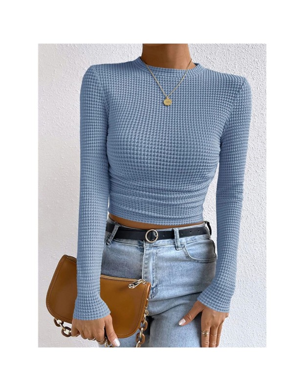 Wholesale Undershirt Slim Fit Vintage T-shirt Plaid Round T-shirts Women Pleated Top ZY1052