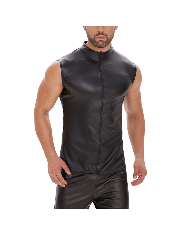 Black Men's Sexy Matte Leather Vest Shiny Leather Coats For Men Sleeveless Close-Fitting Vest SX247