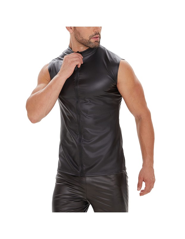 Black Men's Sexy Matte Leather Vest Shiny Leather Coats For Men Sleeveless Close-Fitting Vest SX247