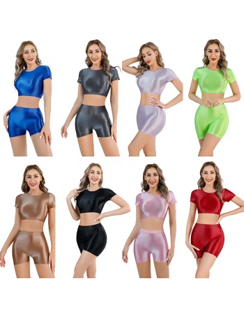 Shiny Silky Two Piece Slim Sexy Breathable Sports Yoga Clothing Leather Tights XX9027