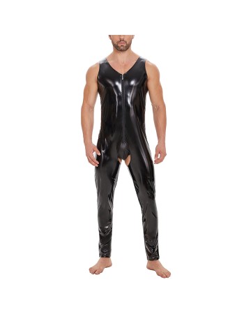 Plus Size Zipper Men's PVC Bright Leather Sexy Open Slim Bodysuit Sleeveless Vest Jumpsuit SX255