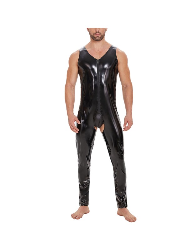 Plus Size Zipper Men's PVC Bright Leather Sexy Open Slim Bodysuit Sleeveless Vest Jumpsuit SX255