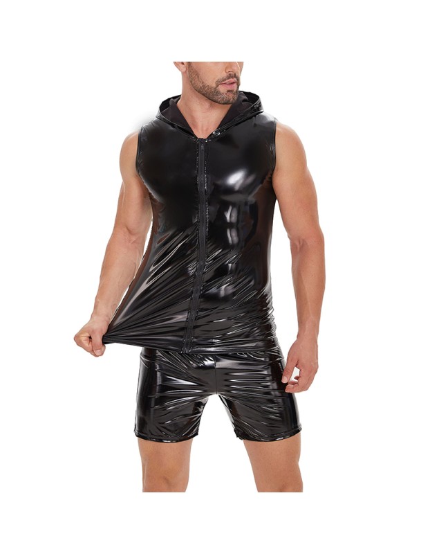 Bright Leather Hooded Coat Zipper Leather Vest Sleeveless Vest Men's Mirror Leather Vest SX259