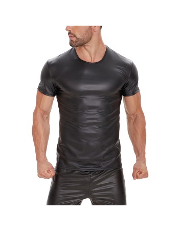 Bright Leather Men Short Sleeve T-shirt Sexy Matte Leather Vest For Men Round Neck Black Vest SX248