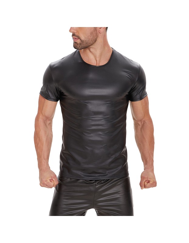 Bright Leather Men Short Sleeve T-shirt Sexy Matte Leather Vest For Men Round Neck Black Vest SX248