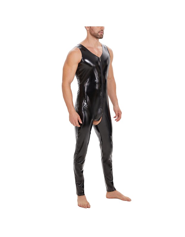 Plus Size Zipper Men's PVC Bright Leather Sexy Open Slim Bodysuit Sleeveless Vest Jumpsuit SX255