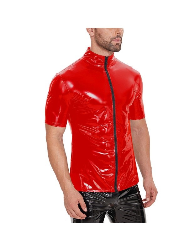 Zipper Short Sleeve Jacket Men's PVC Bright Patent Leather Coat Sexy Slim Leather Coat SX251