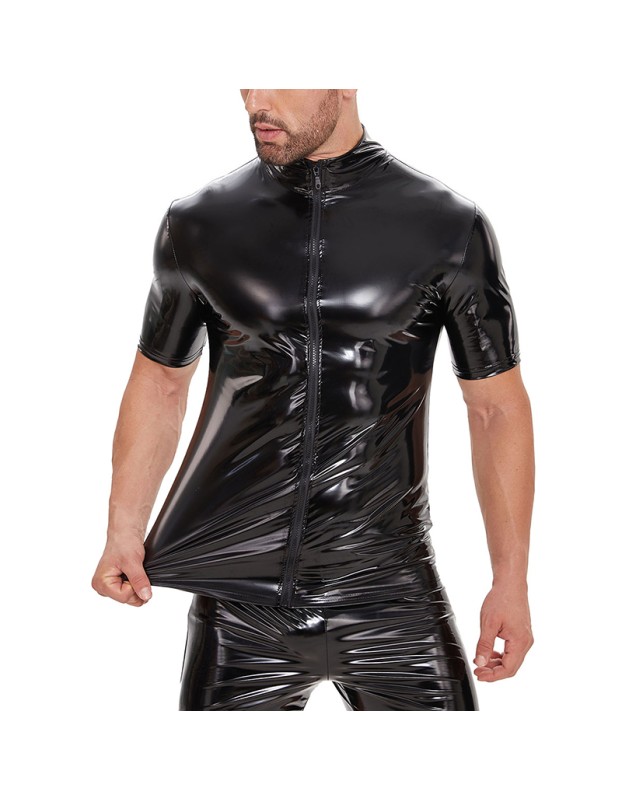 Zipper Short Sleeve Jacket Men's PVC Bright Patent Leather Coat Sexy Slim Leather Coat SX251