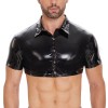 New Men's PVC Jacket Sexy Slim Short Sleeve Half Leather Shirt PU Black Button Shirt Top SX252