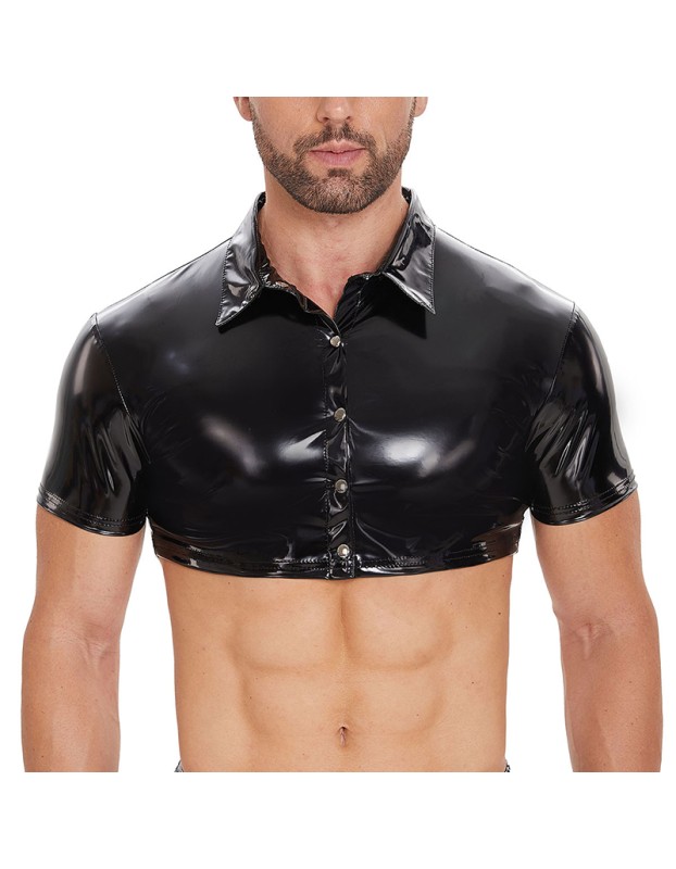 New Men's PVC Jacket Sexy Slim Short Sleeve Half Leather Shirt PU Black Button Shirt Top SX252