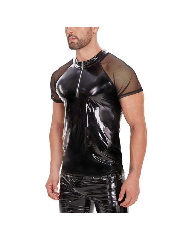 Sexy Slim See Through Short Sleeve Leather Top Men's PVC Bright Leather Vest Men SX243