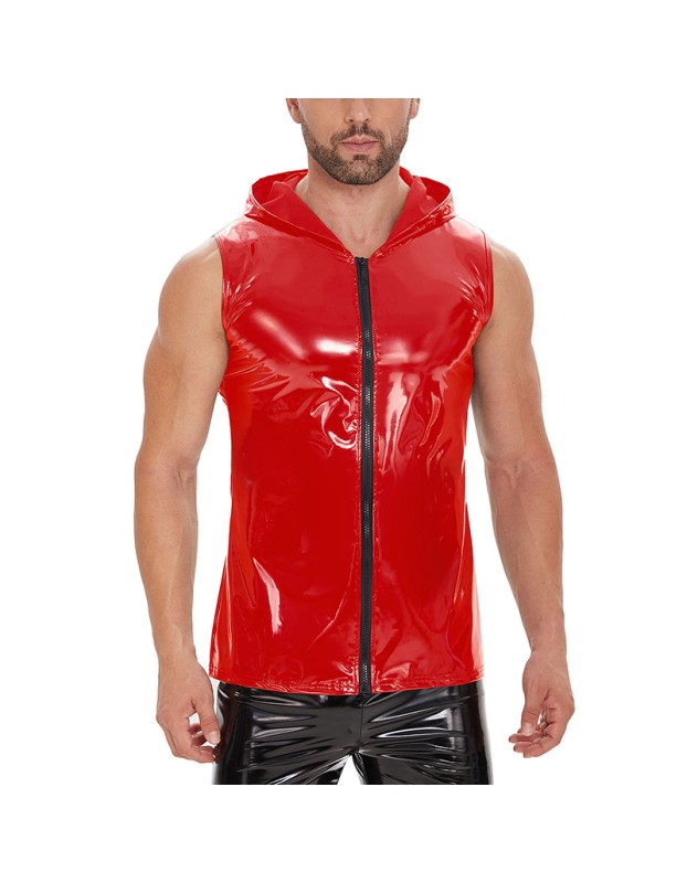 Bright Leather Hooded Coat Zipper Leather Vest Sleeveless Vest Men's Mirror Leather Vest SX259