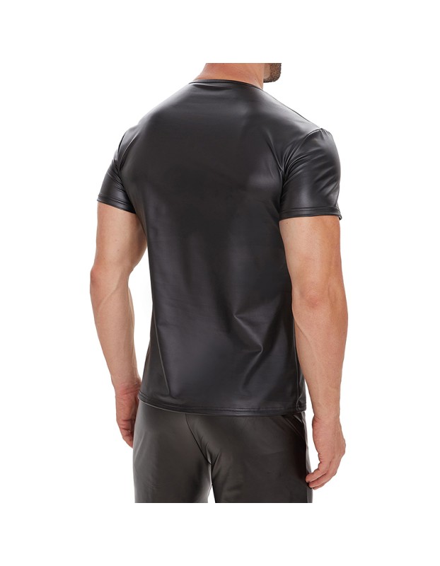 Bright Leather Men Short Sleeve T-shirt Sexy Matte Leather Vest For Men Round Neck Black Vest SX248