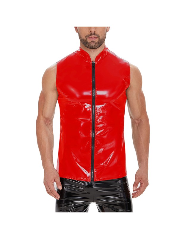 Mirror PU Bright Slim Casual Waterproof Standing Collar Sleeveless Leather Vest Jacket Men SX240