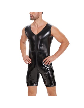 Sexy Zipper Open File Bodysuit Men's Mirror Bright Leather Short Pants Sleeveless Jumpsuit SX258