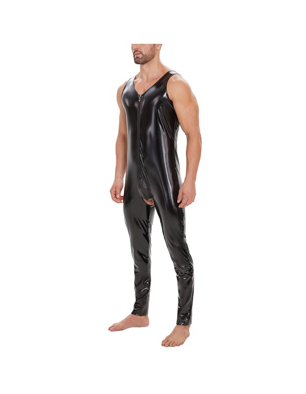 Plus Size Zipper Men's PVC Bright Leather Sexy Open Slim Bodysuit Sleeveless Vest Jumpsuit SX255