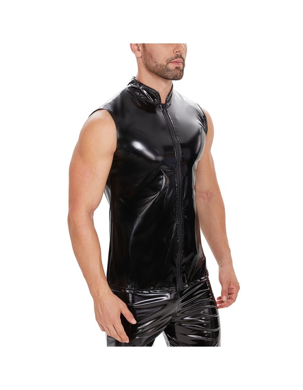 Mirror PU Bright Slim Casual Waterproof Standing Collar Sleeveless Leather Vest Jacket Men SX240
