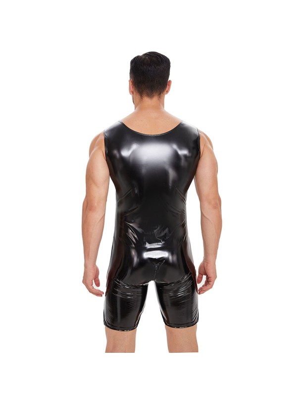Sexy Zipper Open File Bodysuit Men's Mirror Bright Leather Short Pants Sleeveless Jumpsuit SX258