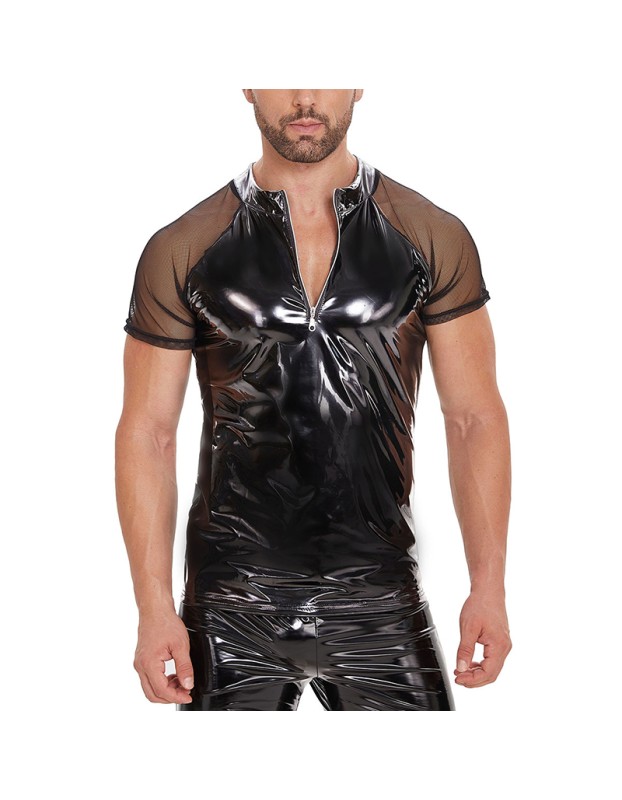 Sexy Slim See Through Short Sleeve Leather Top Men's PVC Bright Leather Vest Men SX243