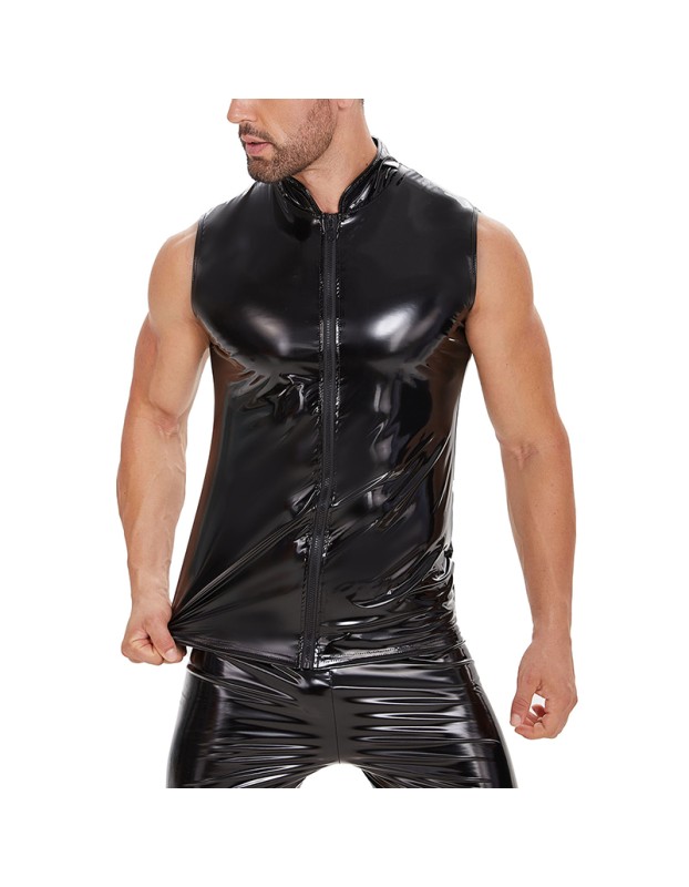 Mirror PU Bright Slim Casual Waterproof Standing Collar Sleeveless Leather Vest Jacket Men SX240