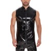 Mirror PU Bright Slim Casual Waterproof Standing Collar Sleeveless Leather Vest Jacket Men SX240