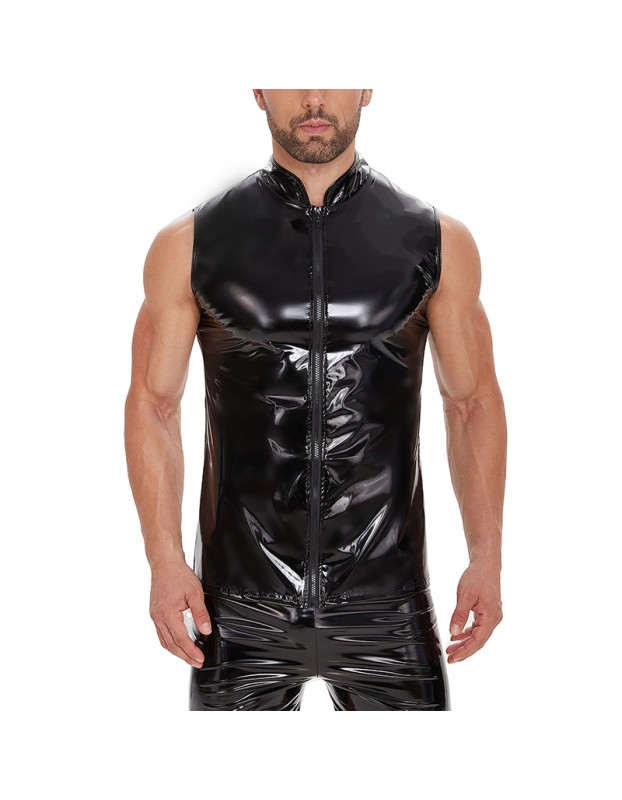 Mirror PU Bright Slim Casual Waterproof Standing Collar Sleeveless Leather Vest Jacket Men SX240