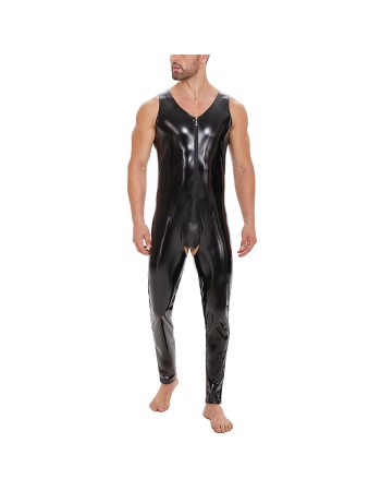 Plus Size Zipper Men's PVC Bright Leather Sexy Open Slim Bodysuit Sleeveless Vest Jumpsuit SX255