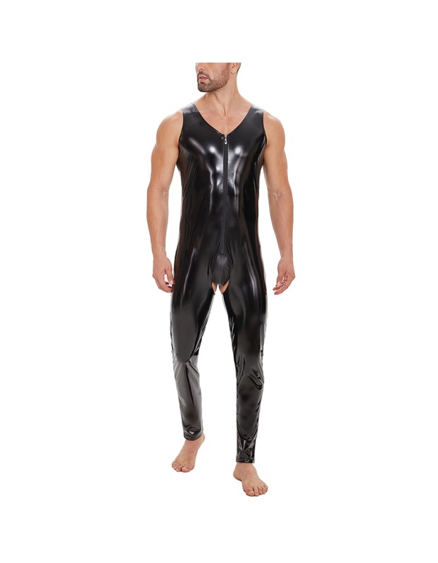 Plus Size Zipper Men's PVC Bright Leather Sexy Open Slim Bodysuit Sleeveless Vest Jumpsuit SX255