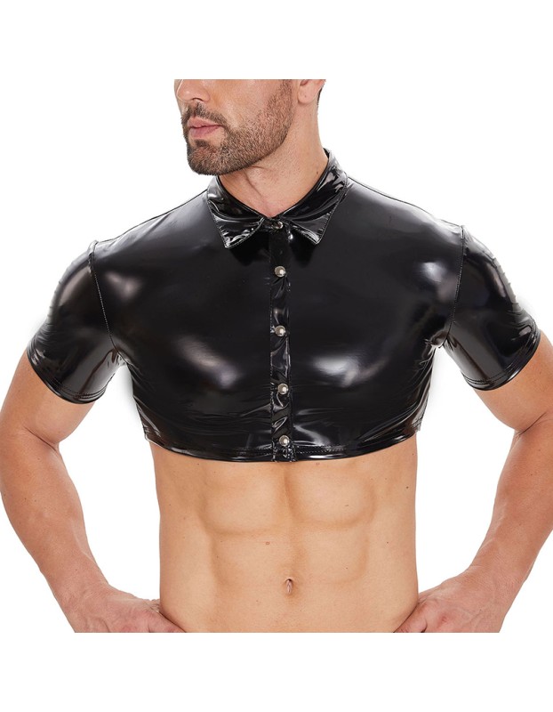 New Men's PVC Jacket Sexy Slim Short Sleeve Half Leather Shirt PU Black Button Shirt Top SX252