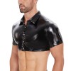 New Men's PVC Jacket Sexy Slim Short Sleeve Half Leather Shirt PU Black Button Shirt Top SX252