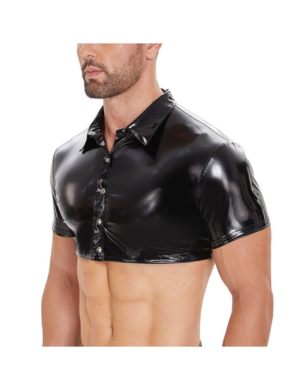 New Men's PVC Jacket Sexy Slim Short Sleeve Half Leather Shirt PU Black Button Shirt Top SX252