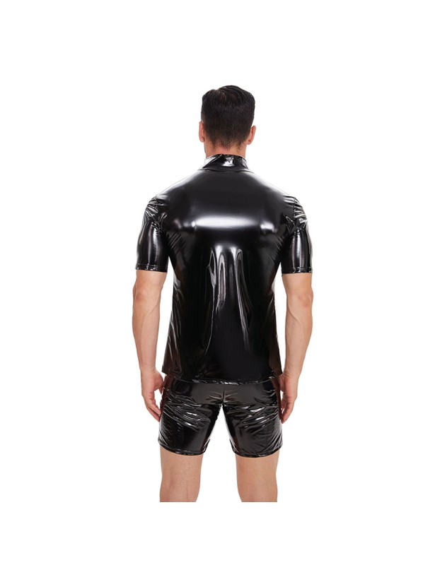 Zipper Short Sleeve Jacket Men's PVC Bright Patent Leather Coat Sexy Slim Leather Coat SX251