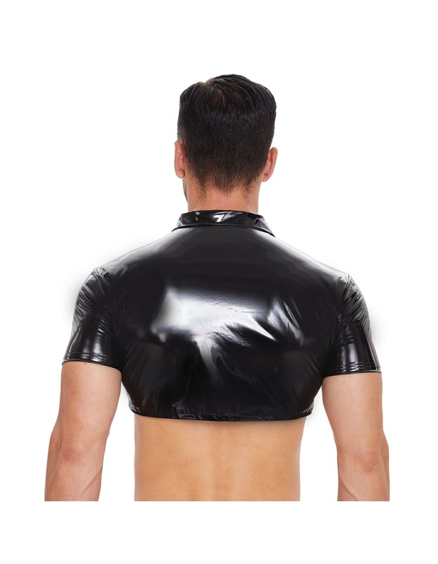New Men's PVC Jacket Sexy Slim Short Sleeve Half Leather Shirt PU Black Button Shirt Top SX252