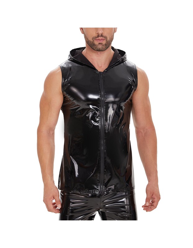 Bright Leather Hooded Coat Zipper Leather Vest Sleeveless Vest Men's Mirror Leather Vest SX259