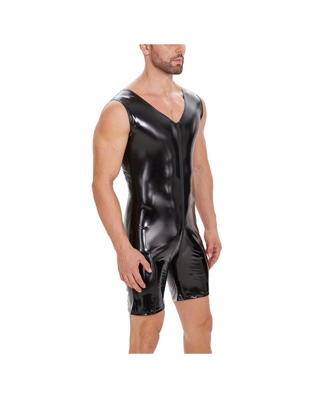 Sexy Zipper Open File Bodysuit Men's Mirror Bright Leather Short Pants Sleeveless Jumpsuit SX258