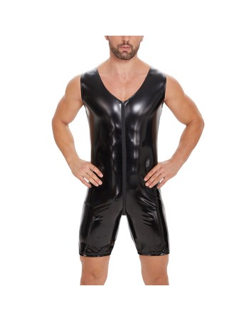 Sexy Zipper Open File Bodysuit Men's Mirror Bright Leather Short Pants Sleeveless Jumpsuit SX258