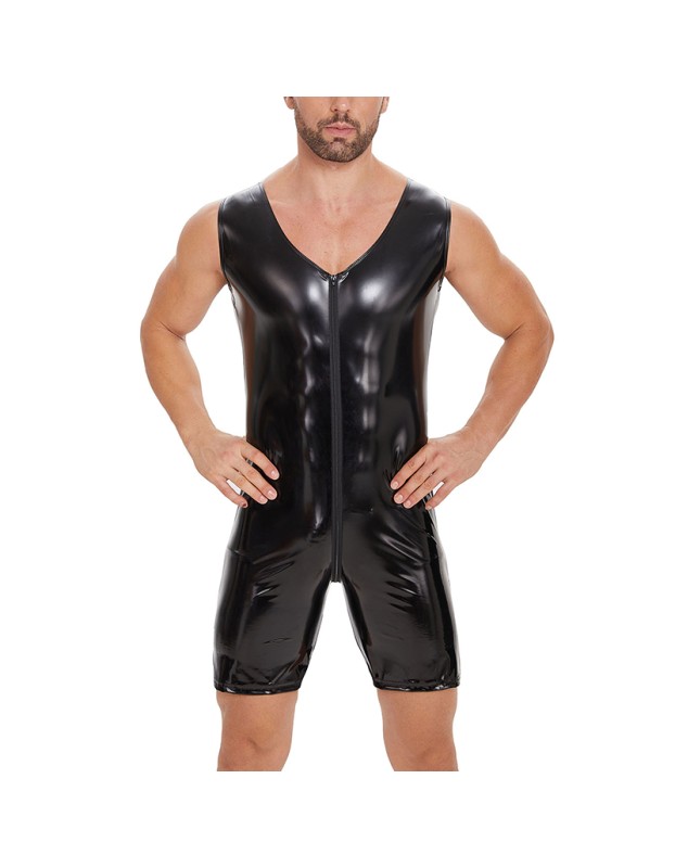 Sexy Zipper Open File Bodysuit Men's Mirror Bright Leather Short Pants Sleeveless Jumpsuit SX258