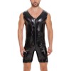 Sexy Zipper Open File Bodysuit Men's Mirror Bright Leather Short Pants Sleeveless Jumpsuit SX258
