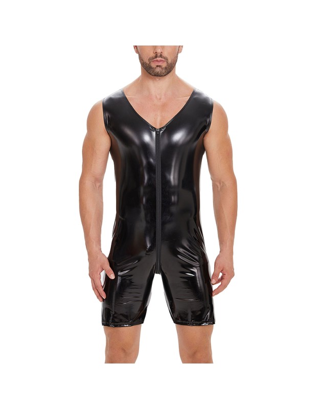 Sexy Zipper Open File Bodysuit Men's Mirror Bright Leather Short Pants Sleeveless Jumpsuit SX258