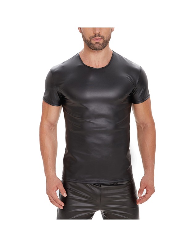 Bright Leather Men Short Sleeve T-shirt Sexy Matte Leather Vest For Men Round Neck Black Vest SX248