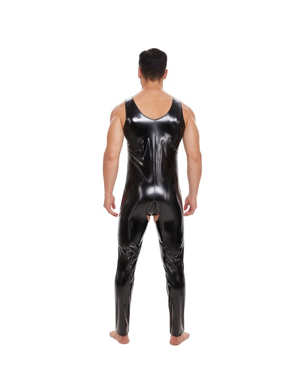 Plus Size Zipper Men's PVC Bright Leather Sexy Open Slim Bodysuit Sleeveless Vest Jumpsuit SX255