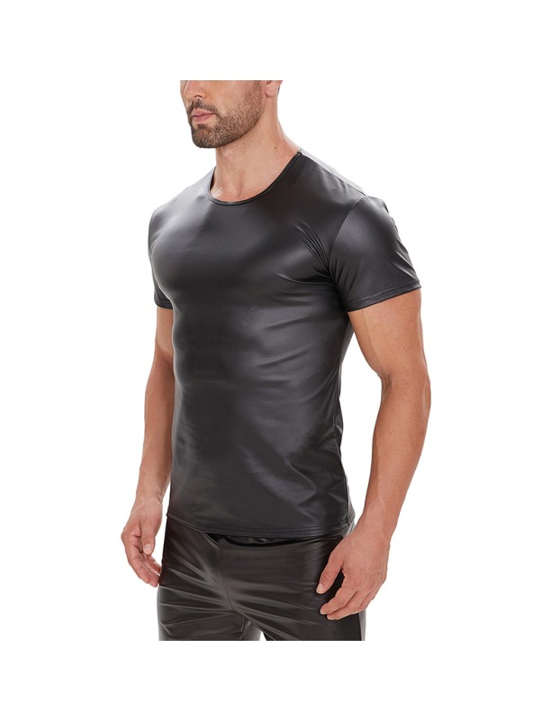 Bright Leather Men Short Sleeve T-shirt Sexy Matte Leather Vest For Men Round Neck Black Vest SX248
