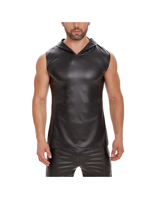 Patent Leather Top Hooded Sleeveless T-shirt Men's Matte Leather Vest Advanced Soft Vest SX261