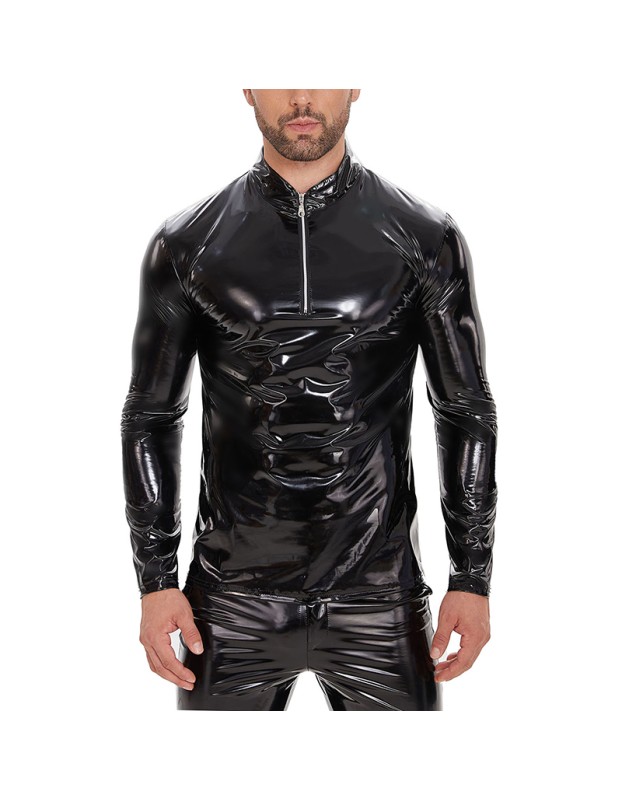 Slim Zipper Mirror Bright Long Sleeve Leather Top Stand-up T-shirt Sexy Men Leather Jacket SX270