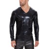 V-neck PU Leather Top Men's Soft Patent Leather T-shirt Long Sleeve Sexy Bright Leather Coat SX260