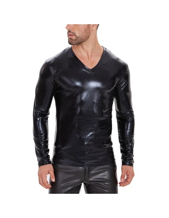 V-neck PU Leather Top Men's Soft Patent Leather T-shirt Long Sleeve Sexy Bright Leather Coat SX260
