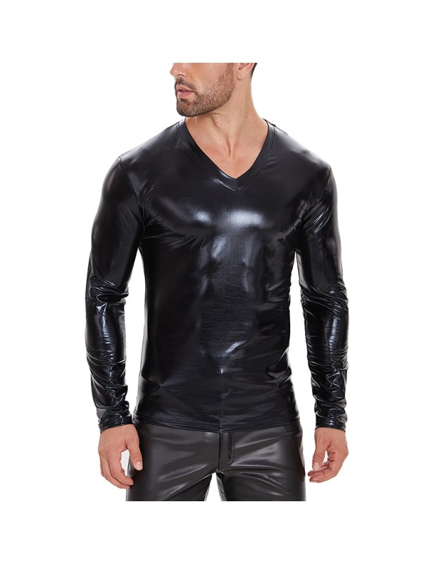 V-neck PU Leather Top Men's Soft Patent Leather T-shirt Long Sleeve Sexy Bright Leather Coat SX260