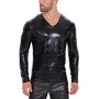 V-neck PU Leather Top Men's Soft Patent Leather T-shirt Long Sleeve Sexy Bright Leather Coat SX260